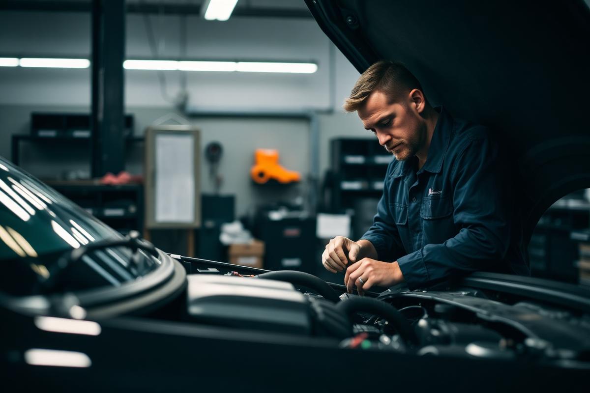 Especialista verificando o motor de um veículo em oficina